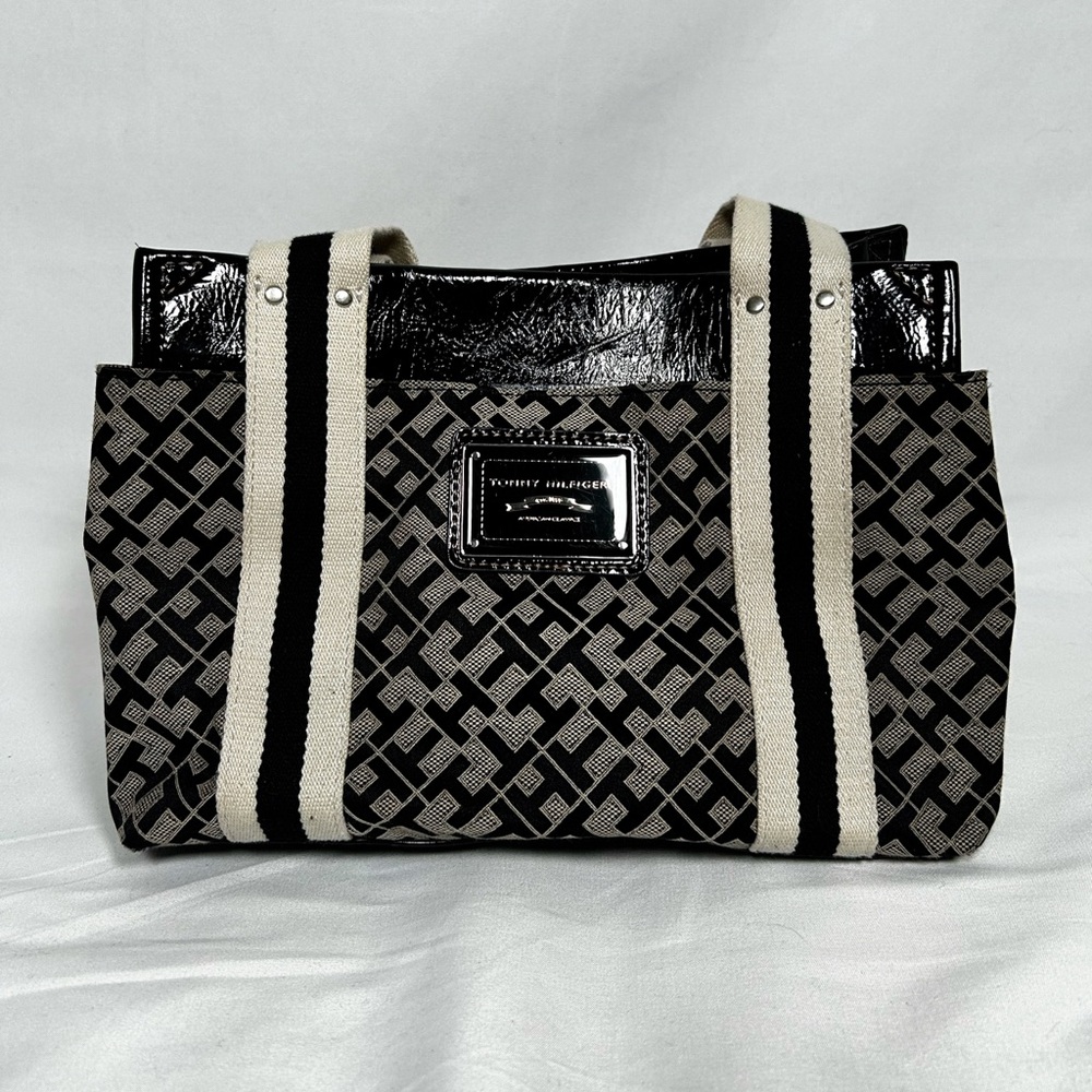 Y2K Tommy Hilfiger Black and Cream Signature Mini Tote with Striped Straps